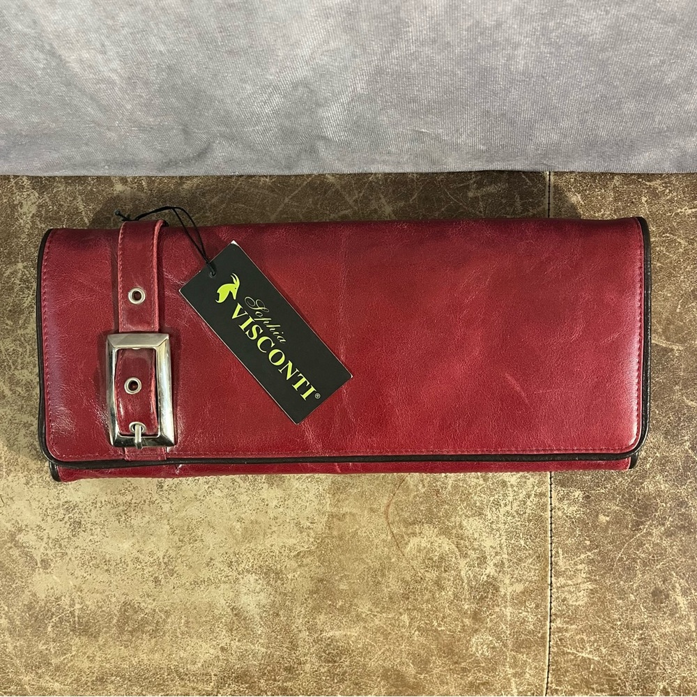 Sophia Visconti Leather Checkbook Wallet Clutch Wine New with Tags NWT